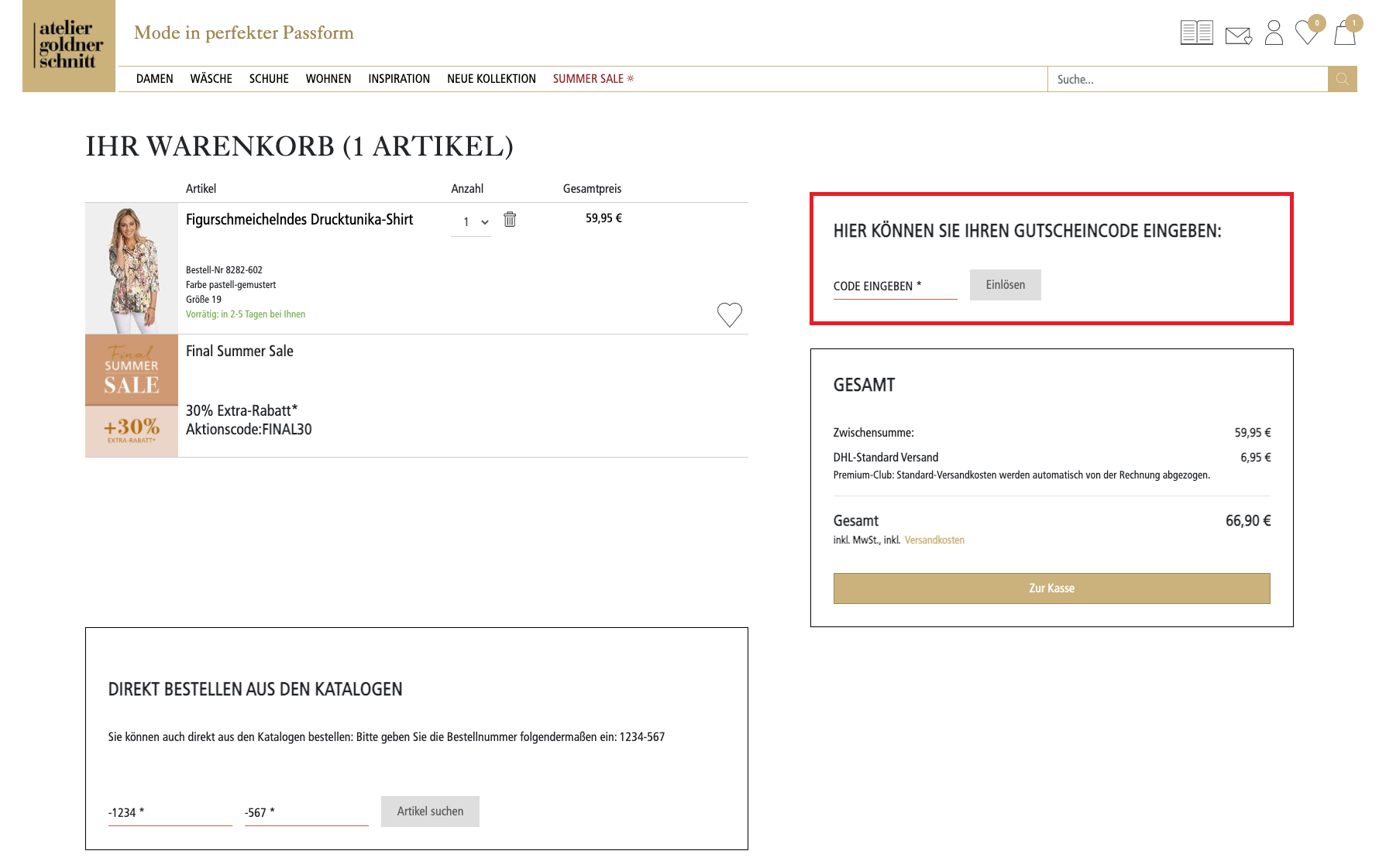 Eingabefeld des Goldner-Fashion Gutscheins im Warenkorb
