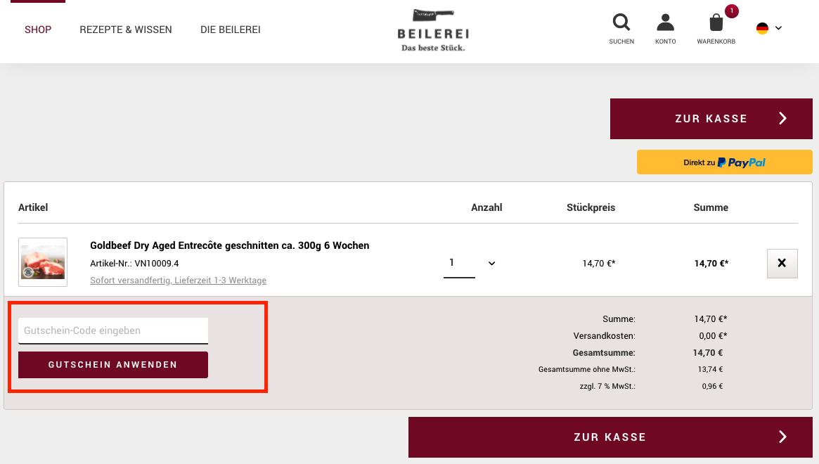 Eingabefeld des Beilerei Gutscheins im Warenkorb