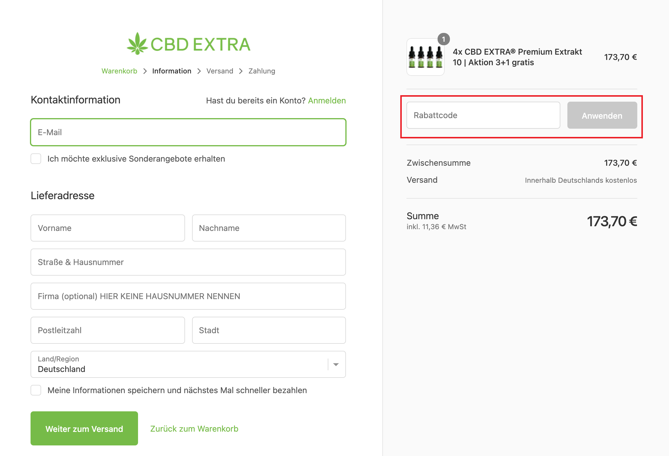 Eingabefeld des CBD EXTRA Gutscheins im Warenkorb