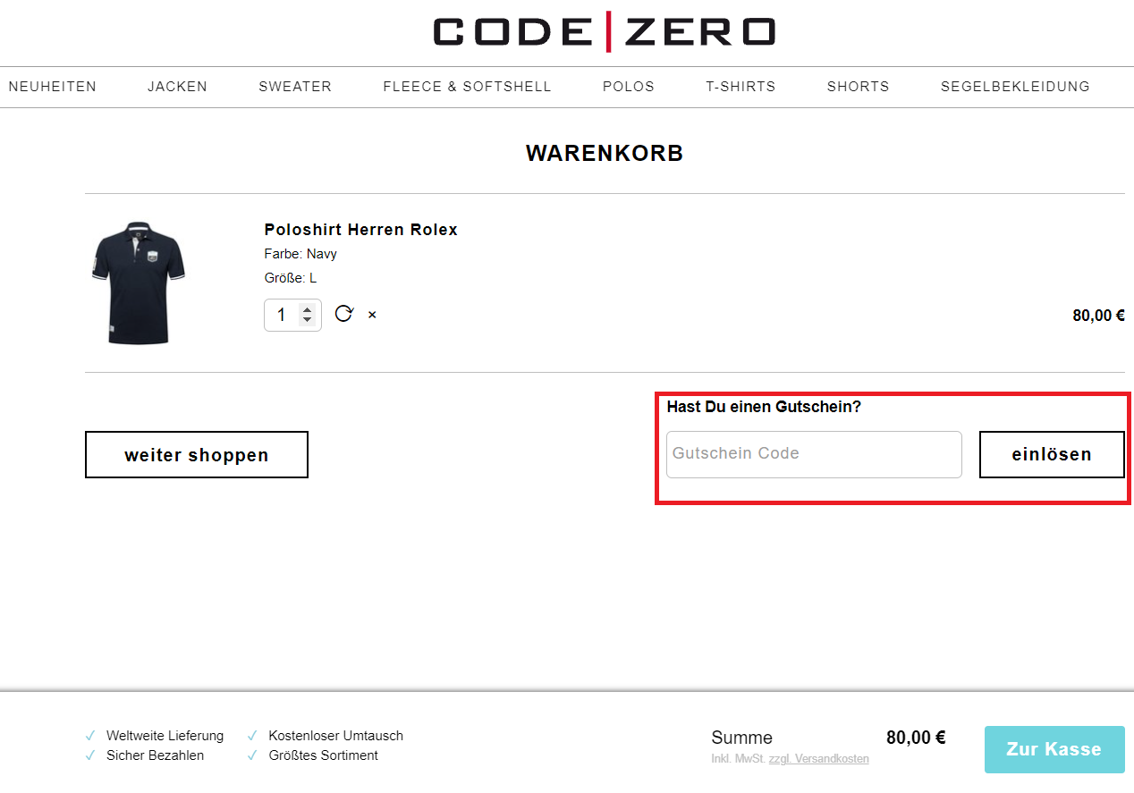 Eingabefeld des CODE-ZERO Gutscheins im Warenkorb