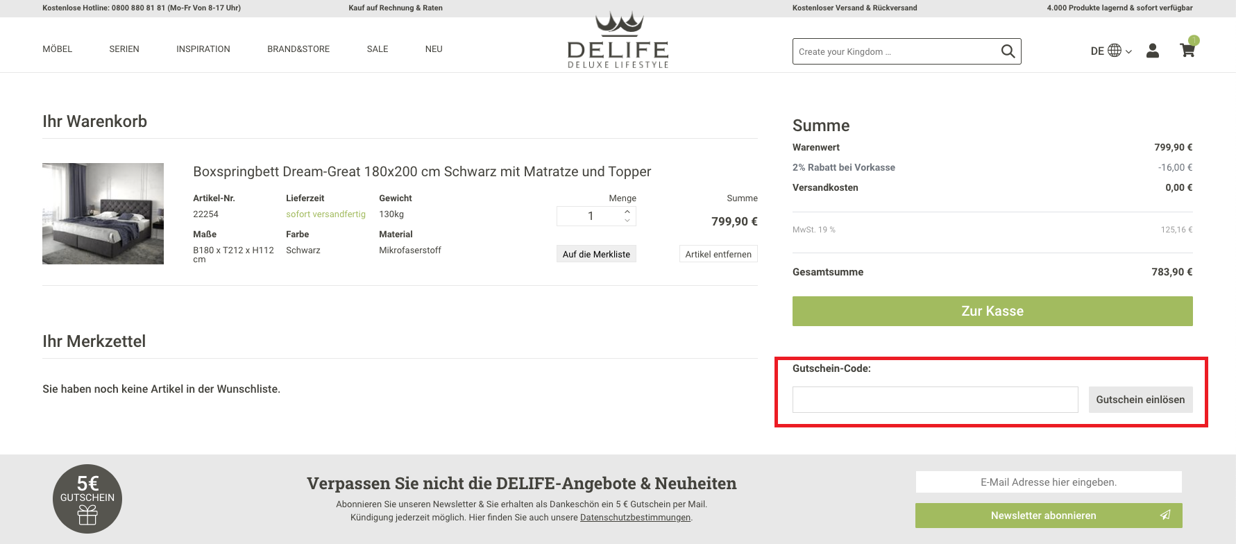 Eingabefeld des Delife Gutscheins im Warenkorb