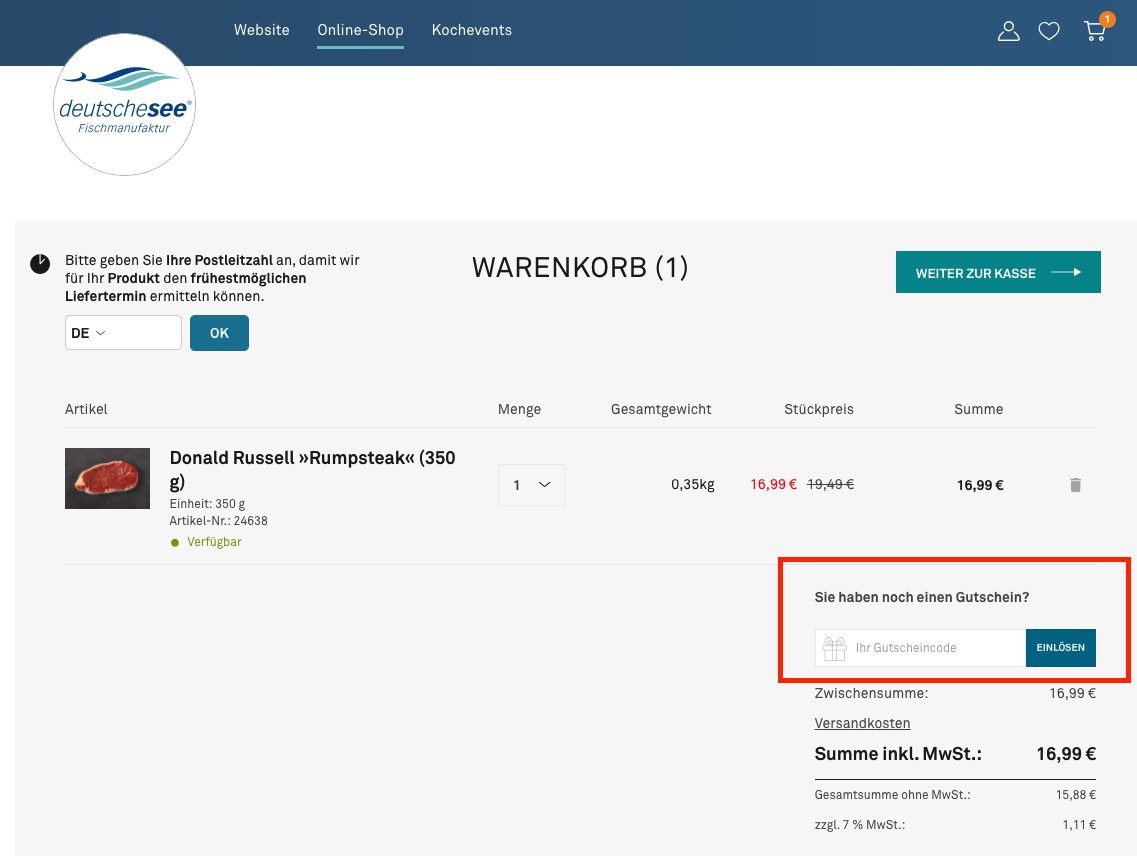 Eingabefeld des Deutsche See Gutscheins im Warenkorb