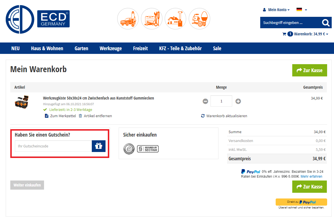 Eingabefeld des ECD Germany Gutscheins im Warenkorb
