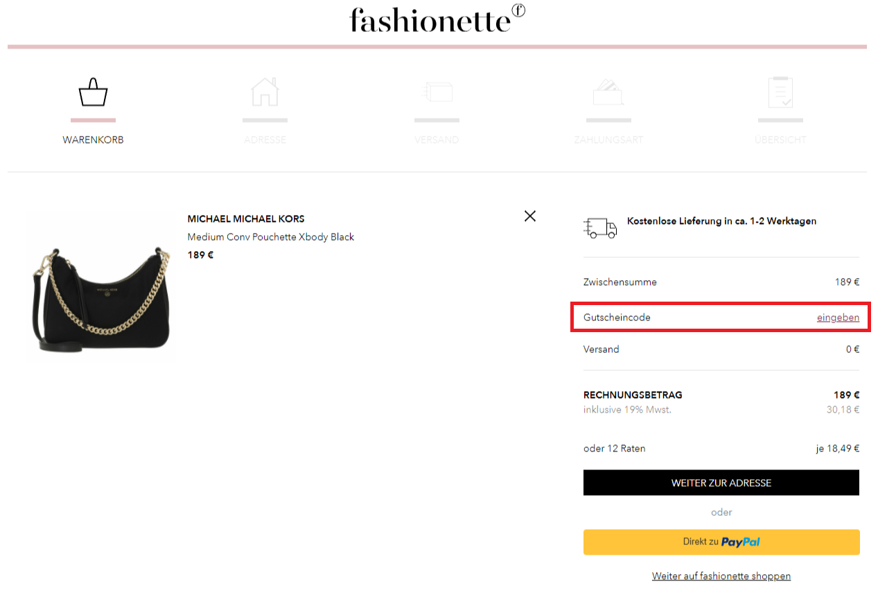 Eingabefeld des fashionette Gutscheins im Warenkorb