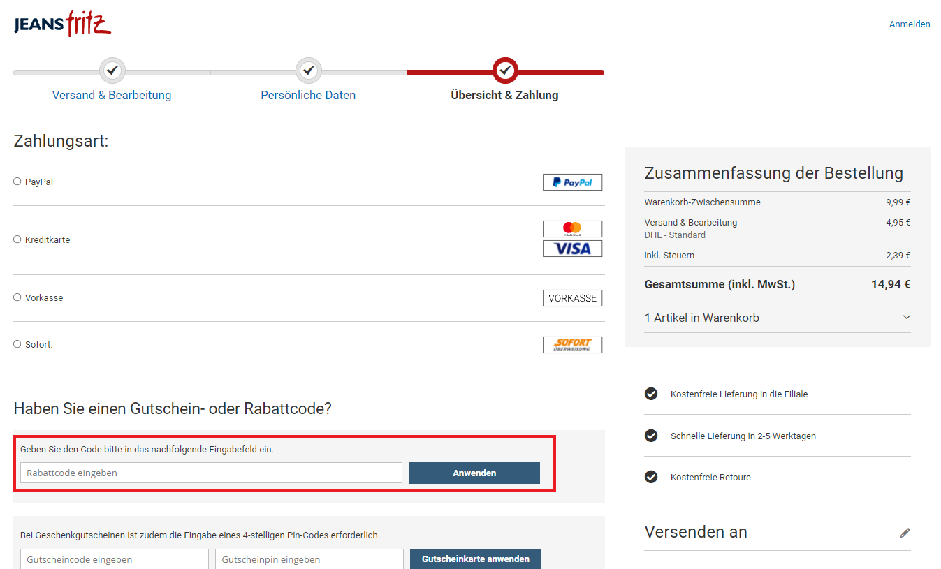 Eingabefeld des jeans-fritz Gutscheins im Warenkorb