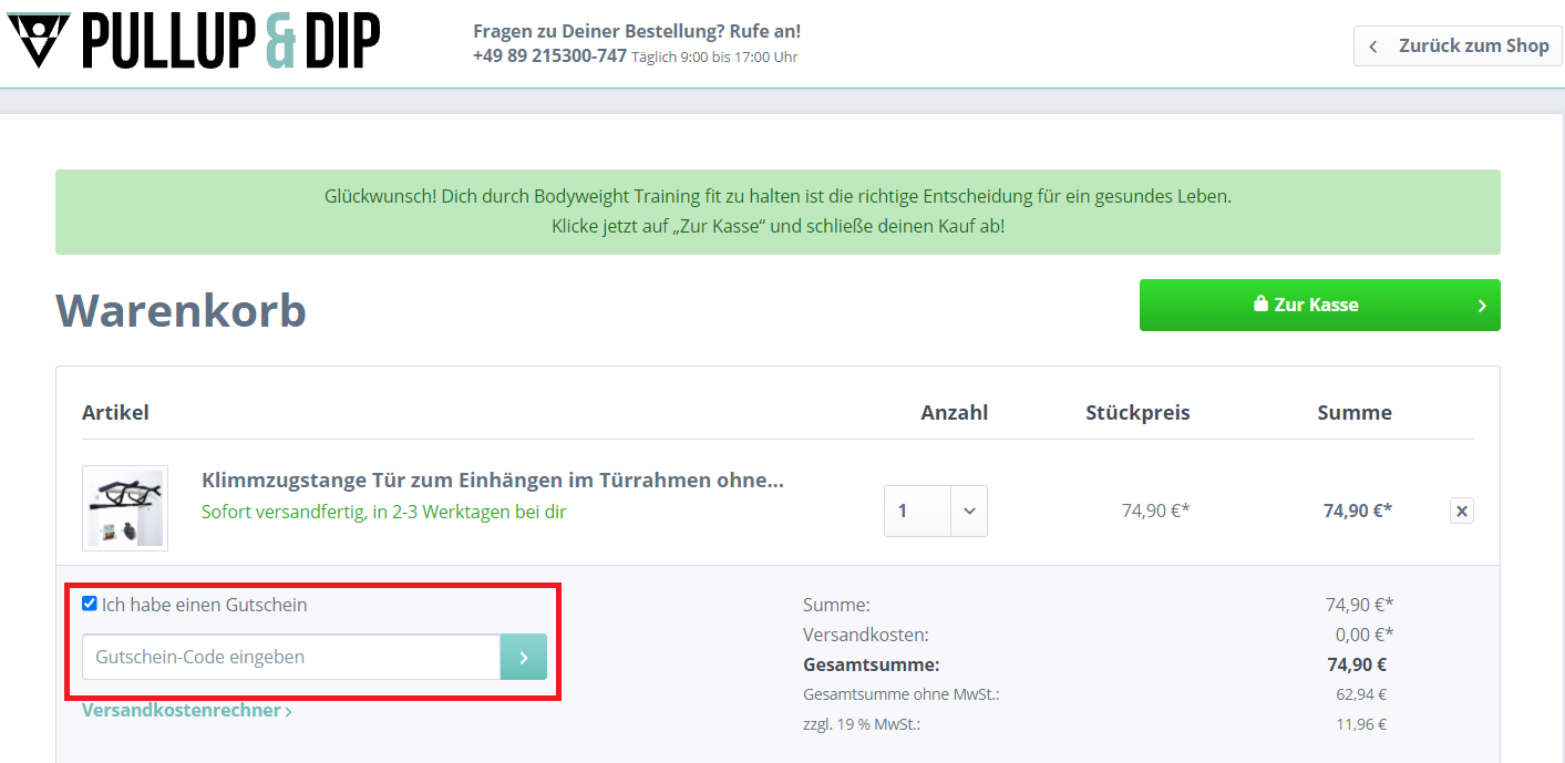 Eingabefeld des Pullup & Dip Gutscheins im Warenkorb