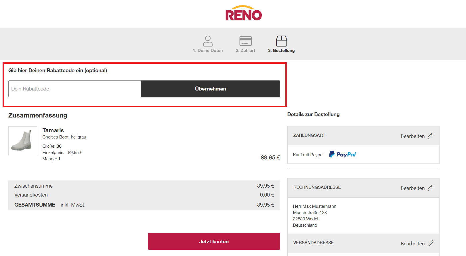 Eingabefeld des Reno Gutscheins im Warenkorb