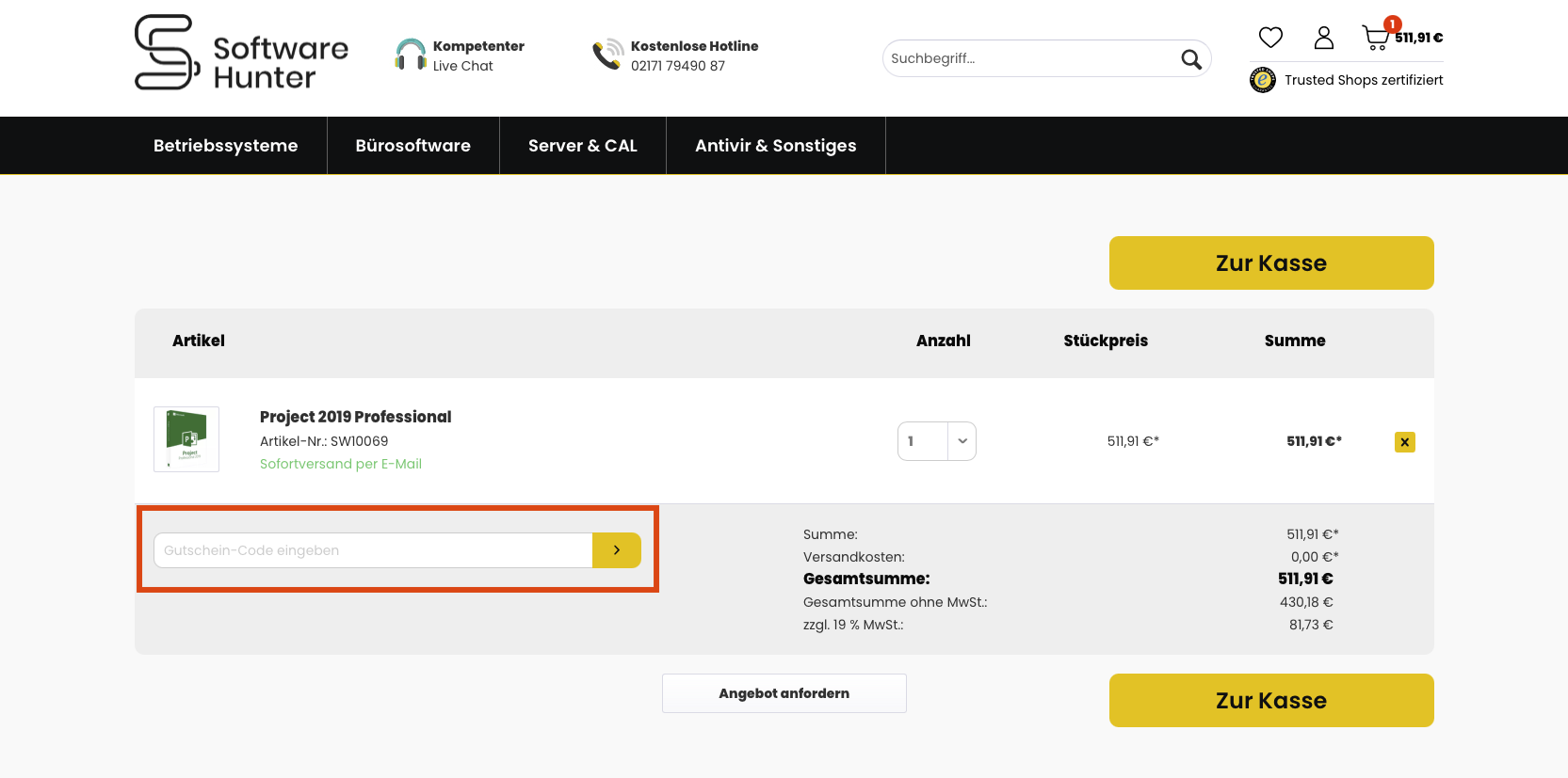 Eingabefeld des Softwarehunter Gutscheins im Warenkorb