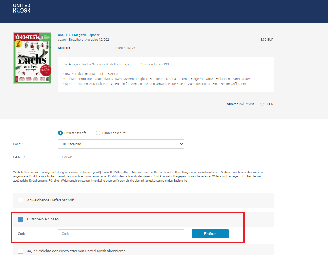 Eingabefeld des United Kiosk Gutscheins im Warenkorb