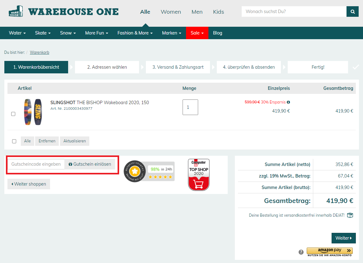 Eingabefeld des Warehouse One Gutscheins im Warenkorb