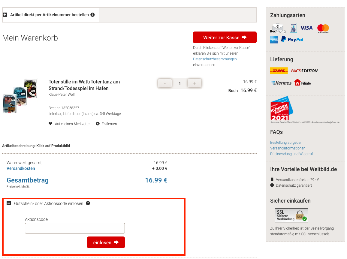 Eingabefeld des Weltbild Gutscheins im Warenkorb